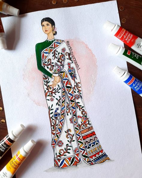 Saree with madhubani print Kalamkari Illustration Dress, Saree Print Design Drawing, Embroidery Illustration Fashion, Saree Illustration Sketch, Madhubani Dress, Saree Illustration, Madhubani Print, Dress Illustration Art, Bride Fashion Illustration