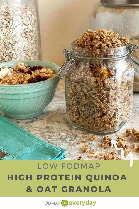 Low Fodmap High Protein Breakfast, Low Fodmap Granola, Quinoa Flakes Overnight Oats, Easy Low Fodmap Breakfast, Quinoa Salad Low Fodmap, Quinoa Granola Recipe, Chia Yogurt, Quinoa Granola, Fodmap Breakfast