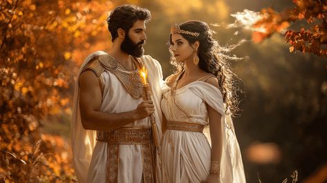 A majestic couple dressed as Greek gods for Halloween. One is dressed as Zeus, wearing a white toga with gold accents, holding a lightning bolt, and wearing a golden laurel wreath. The other is dressed as Hera, in a flowing white gown with golden jewelry, her hair styled in elegant waves, and a regal expression. They stand outdoors in a fall setting, surrounded by autumn leaves in shades of orange and red, with a cool breeze rustling through the trees, adding a dramatic touch to their powerful, divine look. White Toga, Halloween Costume For Couples, Golden Laurel Wreath, Costume For Couples, Halloween Costume Ideas For Couples, Costume Ideas For Couples, Olive Oyl, Disney Version, Mom Lifestyle