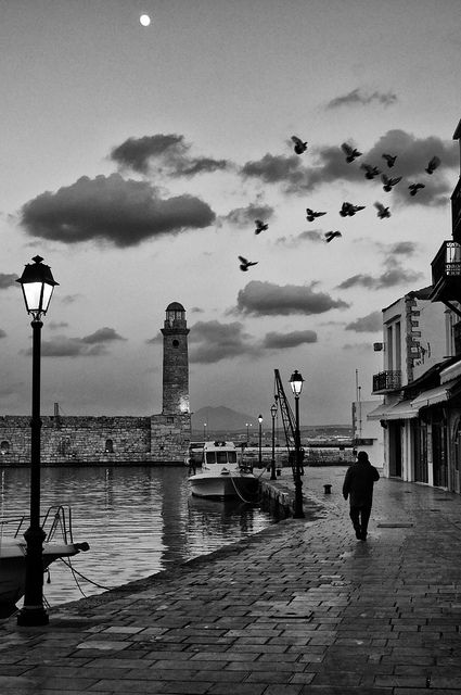 *Lighthouse - Old Venetian Port in the Old Town of Rethymno Peisaj Urban, Black And White Photo Wall, Birds In The Sky, Early Evening, Black And White Picture Wall, Photo Walk, Black And White Landscape, Evening Walk, Old Port