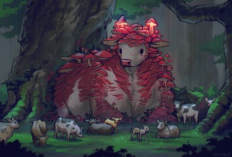 ArtStation - The Mooshroom, Neytirix . Sheep, Minecraft, A Woman, Trees, Red, Hair, Animals, Art