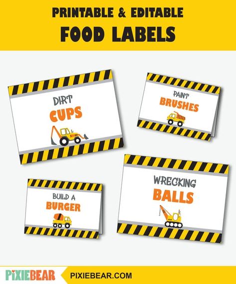 Construction Food Labels - Printable Construction Party Food Tent Cards for a Baby Shower or a Kids Construction Birthday (Instant Download) Construction Birthday Food, Construction Party Food, Construction Birthday Party Decorations, Truck Party Theme, Construction Birthday Party Ideas, Digger Party, Dump Truck Party, Construction Baby Shower, Construction Theme Birthday