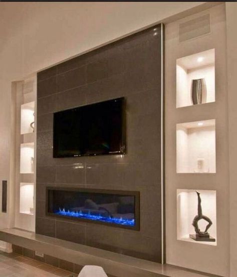 13+ Impressive Living Room Ideas With Fireplace And Tv - lmolnar Paint Tile, Recessed Electric Fireplace, Fireplace Tv Wall, Fire Places, Large Tv, Tv Wall Design, Home Fireplace, Living Room Tv Wall, Modern Fireplace