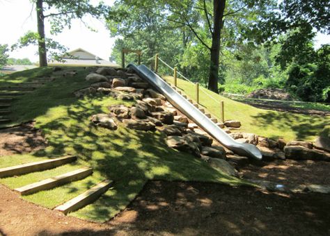 Slide built into hill Slide Playground, Natural Playgrounds, Preschool Playground, Playground Areas, Playground Ideas, Play Ground, Natural Playground, Playground Design, Outdoor Classroom