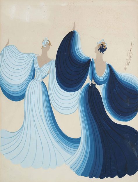 ROMAIN DE TIRTOFF 'ERTÉ' (ST PETERSBURG 1892-1990 PARIS) THE BLUE DRESS Romain De Tirtoff Erte, Art Deco Illustration Graphics, Erte Illustration, Art Deco Fashion Illustration, Erte Art Deco, Erte Art, Romain De Tirtoff, Art Deco Illustrations, Art Deco Illustration