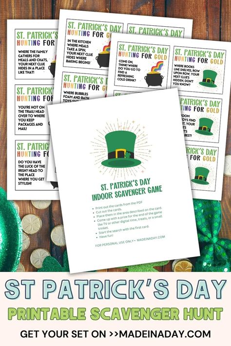 Indoor St. Patrick's Day Scavenger Hunt!- Downloadable printables for a festive family activity. Hunt for leprechaun treasures and enjoy St. Paddy's fun indoors! leprechaun scavenger hunt, St patricks scavenger hunt, free printable leprechaun scavenger hunt clues, kids scavenger hunt clues Kids Scavenger Hunt Clues, Leprechaun Scavenger Hunt, Scavenger Hunt Clues, Scavenger Hunt For Kids, Irish Heritage, Family Activity, St Pattys, St Pattys Day, Holiday Entertaining