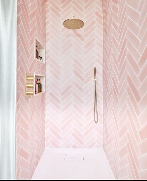 Tiny Bathroom Hacks, Pink Tile Bathroom, Pink Bathrooms, Pink Bathroom Tiles, Aesthetic Interior Design, Bathroom Walls, Casas The Sims 4, Pink Tiles, Brick Tiles