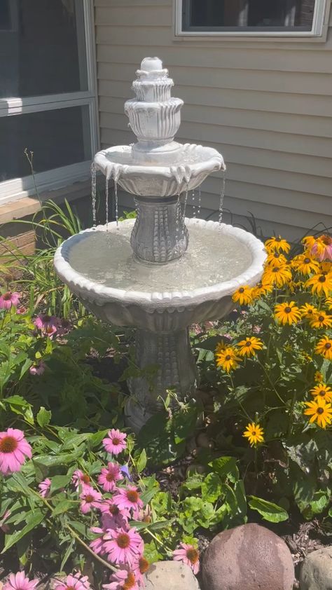 This birdbath #fountain is so pretty and relaxing Birdbath Fountain, Bird Bath, Patio Garden, So Pretty, Patio, Patios