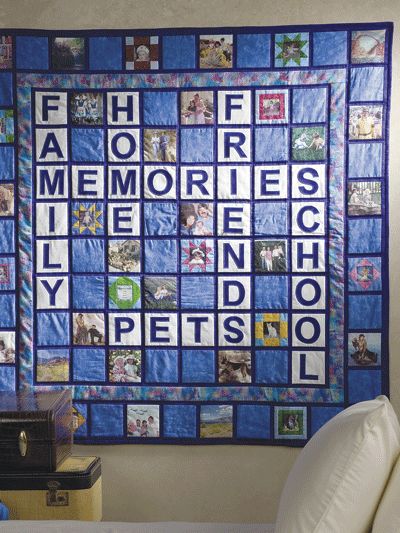 Quilting - Memories Crossword Puzzle Quilt - #EHQ0550 Name Quilts Ideas, Crossword Quilt, Scrabble Quilt, Monochromatic Quilt, Puzzle Quilt, Eagle Scouts, Photo Quilts, Creeper Minecraft, Grandma Christmas