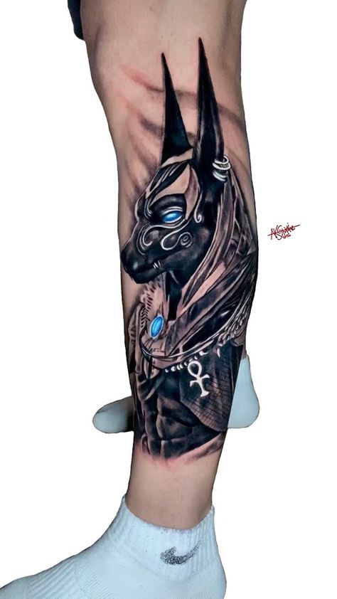 Anubis Leg Tattoo, Anubis Tattoo Egyptian Mythology, Tattoo Anubis, Yugioh Tattoo, Bastet Tattoo, Egyptian Eye Tattoos, Men's Tattoos, Japanese Tattoos For Men, Masculine Tattoos