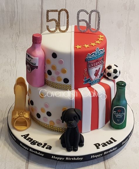 Joint Husband & Wife Birthday Cake #pinkgin #lfc #blacklabrador #highheelshoe #50thbirthday #60thbirthday #birthdaycake #cavendishcakes #wirral Husband And Wife Birthday Cake, His And Her Birthday Cake, Wife Birthday Cake, Cake Covering, 40th Birthday Party Men, Mother Birthday Cake, Cake Figures, Twin Birthday Cakes, 40th Cake