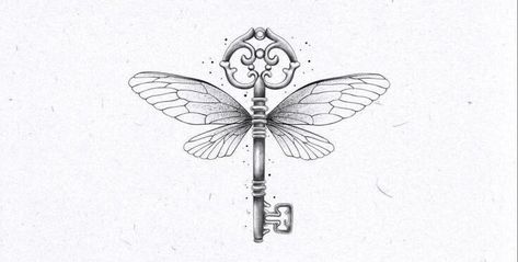 Harry Potter Key Tattoo, Harry Potter Keys With Wings, Flying Key Tattoo, Harry Potter Keys, Key With Wings, Harry Potter Key, Hp Tattoo, Key Tattoo, Wings Drawing