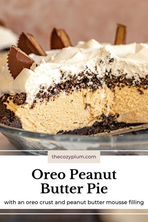 This no-bake oreo peanut butter pie is decadent and fluffy and packed with peanut butter and oreo flavor. It has an oreo crust with a peanut butter mousse filling made with cream cheese and whipping cream which gets topped with a mix of oreo crumbs and peanut butter to create flavorful crumbles nestled in between the pie and extra whipped cream on top. Pb Pie Oreo Crust, Peanut Butter Mousse Filling, Oreo Peanut Butter Pie, Oreo Peanut Butter, Mousse Filling, Peanut Butter Oreo, Peanut Butter Mousse, Oreo Flavors, Chocolate Graham Crackers