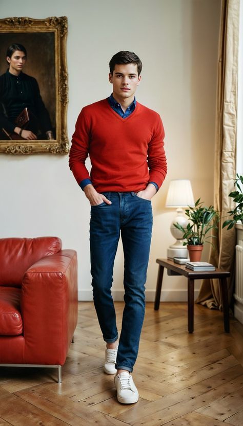 #fashion, #style, #outfitinspiration, #beauty Red Sweater Outfit Men, Red Outfit Winter, Winter Friday, Mens Red Sweater, Red Sweater Outfit, Upcycled Cashmere, Outfit Informal, Sweater Outfits Men, Xmas Outfit