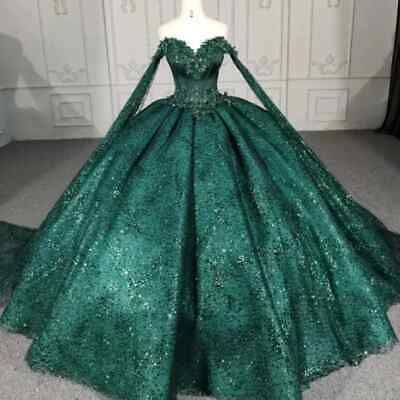 ad eBay - The dress features a sweetheart neckline and off-the-shoulder sleeves, with delicate lace appliques and beading accents. The dress is handmade with high-quality materials including polyester, modal, and spandex. Emerald Green Quince Dresses With Gold, Green And Gold Quince Dress, Quinceanera Dresses Emerald Green, Emerald Quinceanera Dress, Emerald Green Quince Dress, Dark Green Quinceanera Dresses, Emerald Green Ball Gown, Emerald Green Quinceanera Dresses, Green Quince Dress