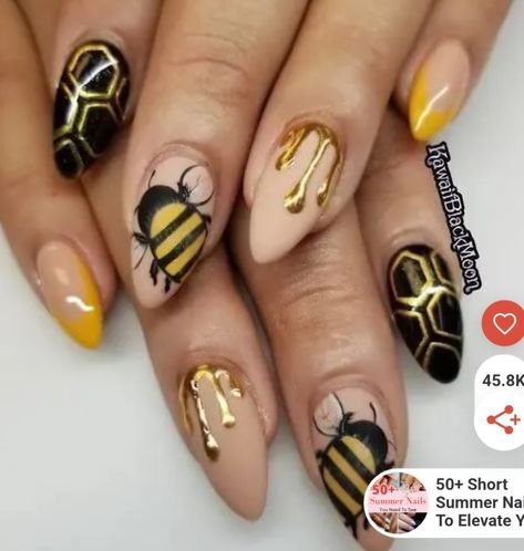 Bee Nails Design, Honeycomb Nails, Honey Bee Nails, Insect Nails, Bee Nail Designs, Honey Nails, Bee Nail Art, Simple Elegant Nails, Bumble Bee Nails