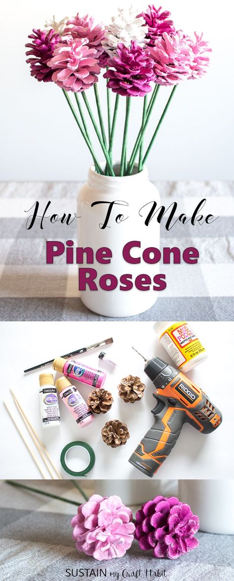 So pretty and simple! How to make pine cone roses plus 29 more Valentine’s ideas / pinecone crafts / Valentines decor idea / rustic decor #valentinesday #farmhousestyle #cbvalentines #cdnblogsquad Painted Pinecones, Pine Cone Art, Diy Pinecone, Pink Crafts, Pine Cone Decorations, Cones Crafts, Pine Cone Crafts, Colorful Bouquet, Crafting Supplies