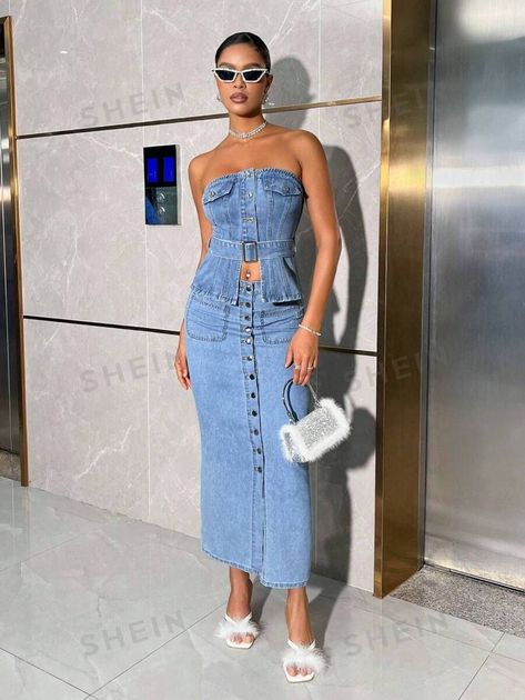 SHEIN USA Spring Denim Outfits, Demin Outfit, Denim Dress Outfit, Looks Jeans, Spring Denim, Top Jeans, Midi Denim, Plain Tops, Casual Denim