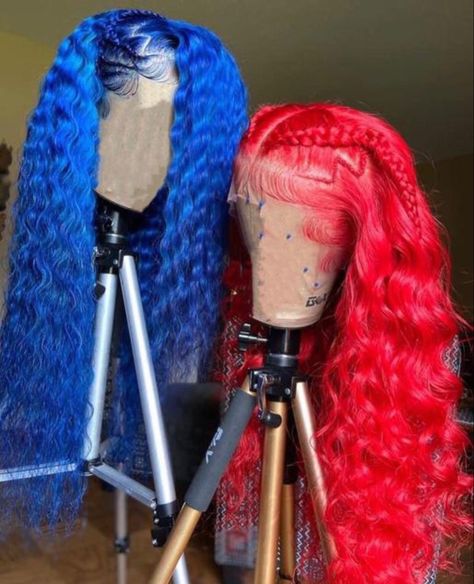 Blue And Red Hair, Colorful Wigs, Glamour Hair, Creative Hair Color, 100 Human Hair Wigs, Curly Human Hair Wig, Pretty Hair Color, Red Wigs, Colored Wigs