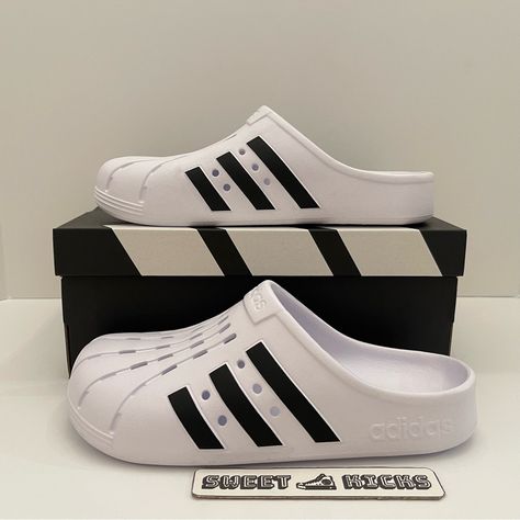 Adidas Adilette Clogs Mens 8 Womens 9 Unisex White Black Slides Sandals - Size 8 - White/Black - Condition Is "New With Box". - All Our Items Are 100% Authentic. Guaranteed Black Slides, Adidas Adilette, Slides Sandals, Adidas Shoes, Flip Flop Sandals, Women's Shoes Sandals, Clogs, Slides, Flip Flops