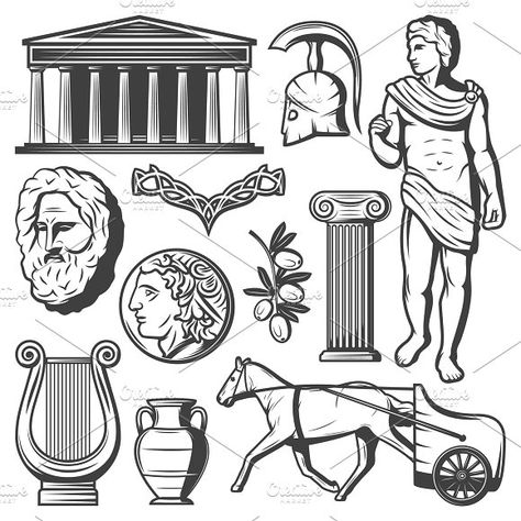 Vintage Ancient Greece Elements Set by VectorPot on @creativemarket Roman Drawings, Greece Tattoo, Greek Drawing, Ancient Greece Art, Greek Symbols, Greek Helmet, Greece Mythology, Greece Painting, Greece Art