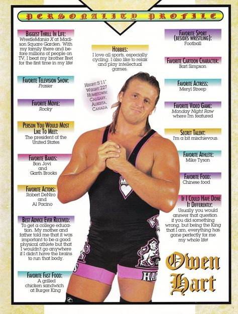 Wwf Poster, Owen Hart, Male Wrestlers, Wwe Art, Wwf Superstars, Wwf Wrestling, Personality Profile, Tna Impact, Family Tree Wall