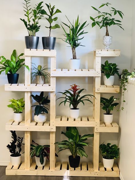 DIY Plant Rack/Stand #gardenideas #garden Plants Rack Indoor, Wooden Plant Stand Outdoor, Diy Plant Rack Indoor, Pallet Plant Stand Indoor, Plant Rack Diy, Plant Stand Dyi, Diy Pallet Plant Stand, Pallet Plant Stand Diy, Plant Stands Diy Indoor How To Build