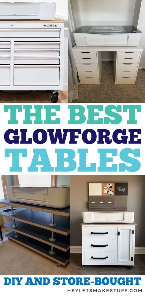 If you have a Glowforge or are planning on getting one, you'll need a sturdy table or workbench for your machine. Here are five Glowforge table ideas that will work perfectly in your crafting space. Glowforge Table Storage, Glowforge Storage Ideas, Ikea Glowforge Table, Glowforge Storage Table, Glowforge Office Space, Laser Engraving Craft Room, Glowforge Table Ideas, Laser Engraving Work Station, Laser Engraver Work Table