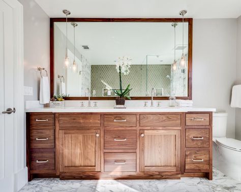 beautiful simple bathroom. Transitional Bathroom Design, Simple Pendant Light, Bathroom Improvements, White Molding, White Marble Floor, Transitional Home Decor, Transitional Bathroom, Master Bath Remodel, Kitchen And Bath Design