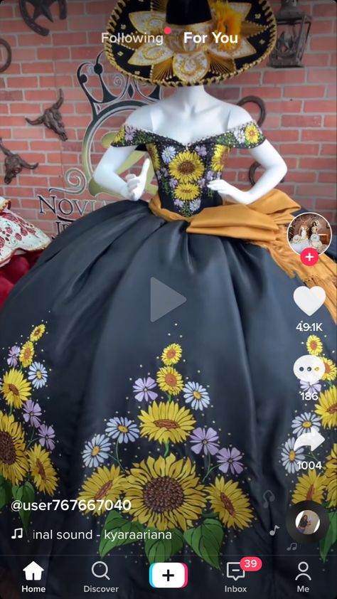 Yellow Charro Quinceanera Dress, Virgencita Quince Dress, Sunflower Quince Dress, Sunflower Quinceanera Dress, Charo Quinceanera Dresses, Charro Dress, Vestido Charro, Charro Quince, Xv Dresses