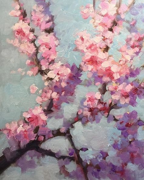 Spring Painting Aesthetic, Flower Art Painting Oil, Cherry Blossom Aesthetic Drawing, Cherry Blossom Artwork, Cherry Blossom Oil Painting, How To Paint Cherry Blossoms, Pretty Things To Paint, Aesthetic Painting Flowers, Pretty Flower Paintings