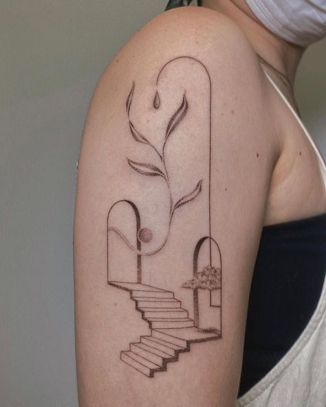 Furniture Tattoo Design, Building Tattoo Architecture, Stairs Tattoo Design, Female Hip Tattoos, Thigh Tattoo Ideas Female, Drawings For Girls, Women Hip Tattoos, Doorway Tattoo, Tattoo Ideas Female Hip