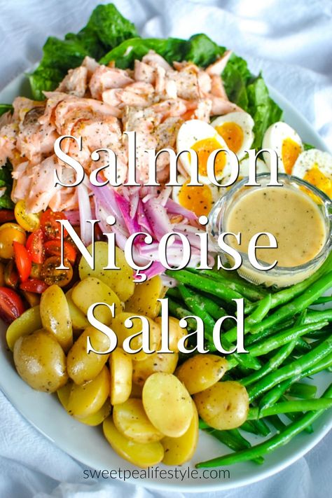 Salmon Niçoise Salad is a big platter filled with lettuce, green beans, potatoes, eggs, shallots, salmon, and a tangy lemon dressing that is wonderful for a Spring dinner with friends gathered around the table. Nicoise Salad Dressing, Salmon Nicoise, Salmon Green Beans, Salmon Nicoise Salad, Green Beans Potatoes, Nicoise Salad Recipe, Salmon Dinner Recipes, Green Bean Salad Recipes, Beans Potatoes