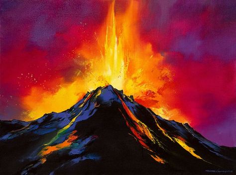 How To Paint A Volcano, Fluorescent Acrylic Painting, Volcano Acrylic Painting, Volcano Watercolor, Volcano Poster, Volcano Painting, Volcano Art, Volcano Pictures, Nature Paintings Acrylic