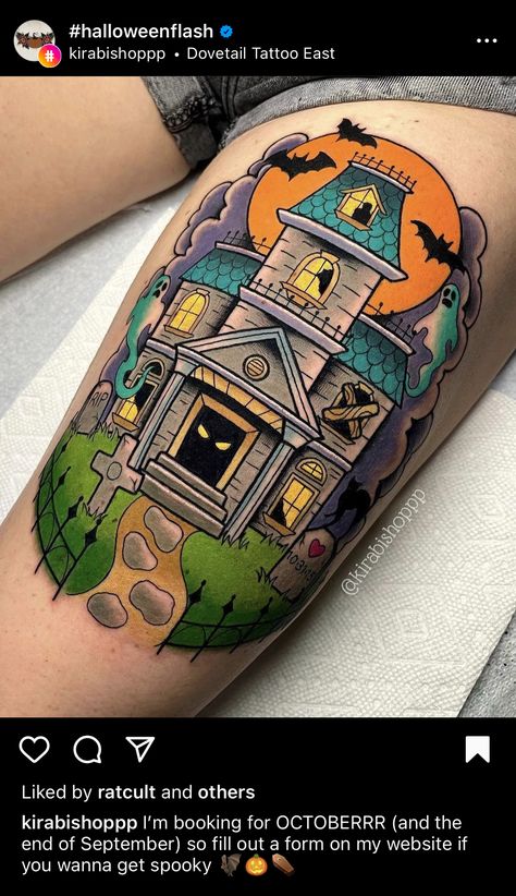 Haunted House Tattoo, Halloween Tattoo Flash, Austin Tattoo, Cute Halloween Tattoos, Halloween Tattoos Sleeve, Lower Arm Tattoos, Autumn Tattoo, Bat Tattoo, Ghost Tattoo