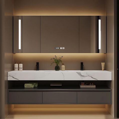 PRICES MAY VARY. Bathroom vanity with sink set: Our bathroom vanity consists of LED smart defogger mirror cabinet and bathroom sink cabinet. The stylish appearance design and wall-mounted installation design give people an elegant feeling, seamlessly integrating modern aesthetics with practical functions. Innovative smart LED mirror cabinet: The mirror cabinet equipped with this bathroom vanity cabinet uses advanced electric heating technology, which can instantly eliminate water mist after bath Hotel Vanity Design, Double Sink Bathroom Ideas Modern Floating Vanity, Double Sink Bathroom Ideas Modern, Dual Vanity Bathroom Ideas, Modern Bathroom Vanity Ideas, Modern Vanity Design, Modern Floating Vanity, Double Sink Bathroom Ideas, Beautiful Bathroom Cabinets