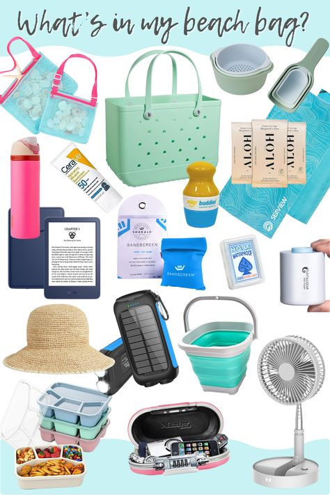 What's in my beach bag? These are essentials I have compiled over the years over many, many family trips to the beach. From sun protection to sand play and clean up, I have you covered! #beachday #beachbag # Beach Rental Packing List, Pack Beach Bag, Boat Bag Essentials, Beach Essentials For Families, Whats In My Beach Bag, Pool Bag Essentials, Mom Bag Essentials, Summer Organization, Sports Mom Bag