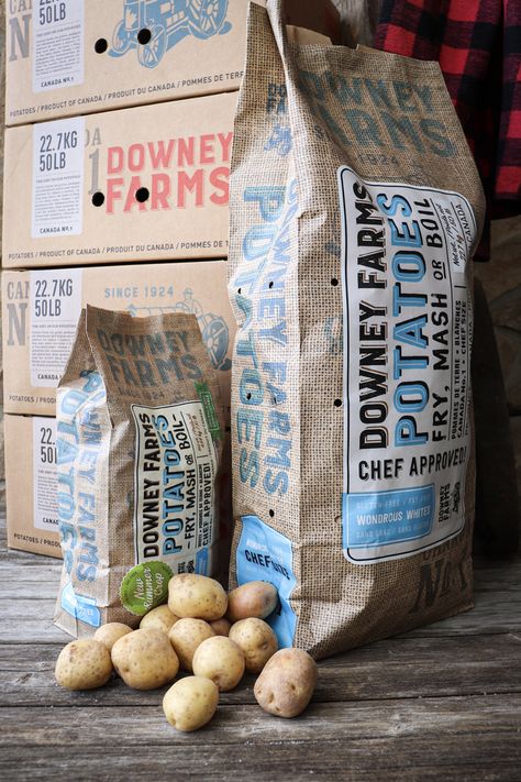 Downey Potatoes Gets A Rebrand That’s In The Bag | Dieline - Design, Branding & Packaging Inspiration Potato Packaging, Organic Food Packaging, Bag Design Ideas, Vegetable Packaging, Potato Bag, Fruit Packaging, Binder Design, In The Bag, Sustainable Packaging