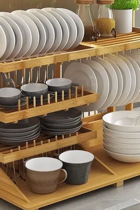 Plate Rack Ideas, Dish Rack Ideas, Wooden Dish Rack, Racks For Kitchen, Apartment Ideas Living Room, Wooden Dishes, Practical Kitchen, Plate Rack, Wooden Rack