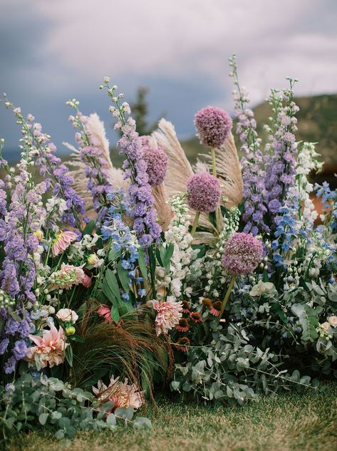 Delphinium Bouquet, Wedding Ceremony Aisle, Blue Purple Wedding, Pink Purple Wedding, Wildflower Wedding Theme, Sky Ranch, Sky Wedding, Wildflower Wedding Bouquet, Dahlia Bouquet