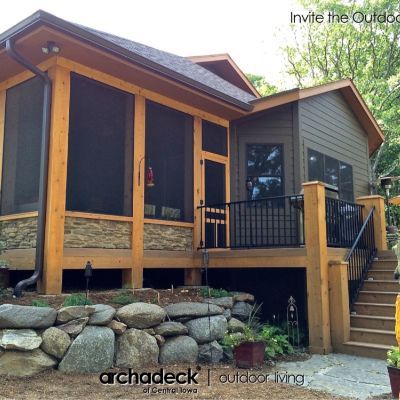 Porch Knee Wall, Knee Walls, Farmers Porch, Veneer Stone, Cabin Porch, Patio Installation, Walls Ideas, Screened In Deck, Deck Decor