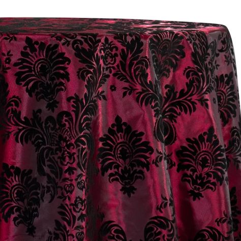 Damask Flocking Taffeta Table Linen in Black on Burgundy Black Tablecloth Burgundy Runner, Burgundy Sweet 16 Decorations, Burgundy Table Cloth, Goth Wedding Decorations, Burgundy And Black Wedding, Burgundy Decor, Bookstore Ideas, Dark Romantic Wedding, Pastor Anniversary