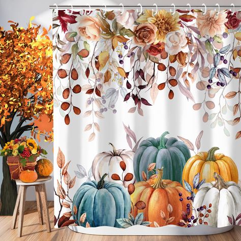 PRICES MAY VARY. 【MATERIAL】 Fall shower curtains is made of durable and heavy-weight polyester fabric, ensuring long-lasting use. 【HD PRINTING】 Fall shower curtains for bathroom uses high-definition digital printing technology, which will not fade and give you a vivid visual experience. Pumpkin shower curtain is very suitable as a fall bathroom decor. 【CONSTRUCTION】 Autumn shower curtain includes reinforced metal grommets and 12 plastic hooks for easy hanging. 【WATERPROOF】 Most water droplets wi Fall Shower Curtain, Artistic Bathroom, Kids Bathroom Accessories, Halloween Shower Curtain, Floral Bathroom, Bathtub Decor, Toilet Rug, Bathroom Curtain, Watercolor Pumpkins