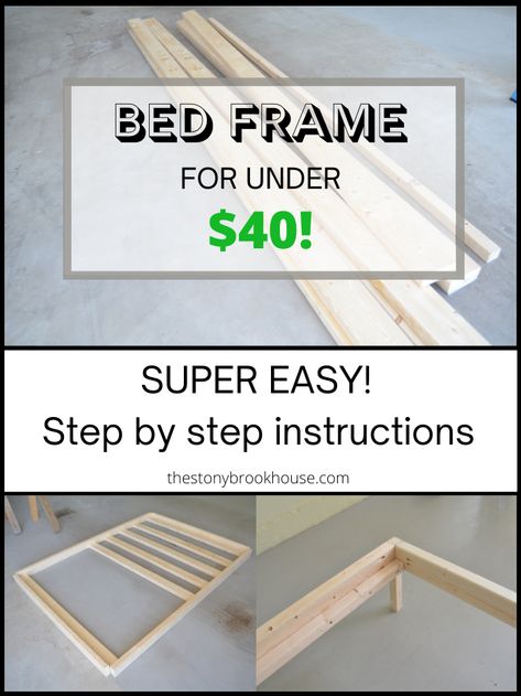 Easy Bed Frame for Under $40! Basic Bed Frame Diy, How To Make A Full Size Bed Frame, Simple Bed Frame Plans, Short Queen Bed Frame, Simple Full Size Bed Frame Diy, Homemade Twin Bed Frame, Easy Diy Platform Bed Frame, Diy Twin Xl Bed Frame, Diy Twin Bed Frame Easy Cheap