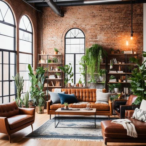 industrial bohemian style blend Industrial Living Room Apartment, Industrial Bohemian, Industrial Decor Living Room, Warehouse Living, Industrial Style Interior, Boho Dining Room, Industrial Livingroom, Industrial Interior Design, Industrial Interiors