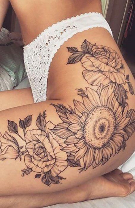 23 Beautiful Sunflower Tattoos for Women - The Trend Spotter Tattoo Bein Frau, Thigh Tats, Tattoos Masculinas, Flower Thigh Tattoos, Hip Thigh Tattoos, Tattoo Leg, Hip Tattoos Women, Leg Tattoos Women, Sunflower Tattoos