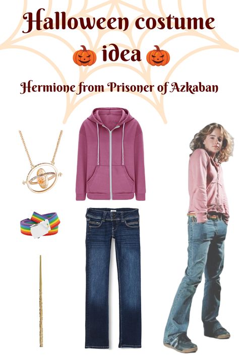 Transform into Hermione Granger from 'Prisoner of Azkaban'! It's perfecr Halloween costume for magical party. Make it a couple costume and add another wizard! Follow for more inspirations! Hermione Granger Prisoner Of Azkaban Outfit, Diy Hermione Granger Costume, Hermione Granger Outfits Inspiration, Hermione Granger Prisoner Of Azkaban, Halloween Costumes With Jeans, Hermione Granger Halloween Costume, Hermione Granger Halloween, Hermione Granger Costume, Hermione Costume