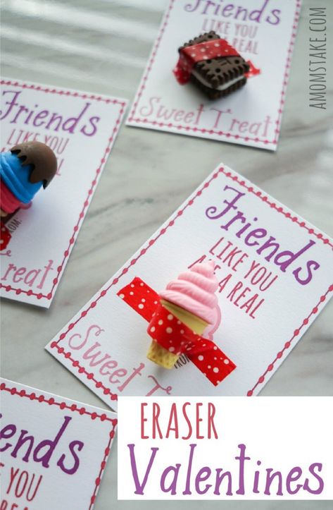 Hand out these darling Eraser Valentines classroom valentine cards! The free printable card says, "Friends Like You are a Real Sweet Treat" just add 3D summer treat erasers and you're done! #ValentinesDay #Vday #ValentineCards #ValentinesCards #Printable #ValentinesGifts Eraser Valentine, Valentines Classroom, Valentines Diy Kids, Cute Classroom, Classroom Valentine Cards, Free Printable Cards, Valentines Card, Classroom Valentine, Pull Apart