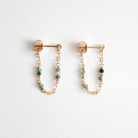 Tiny Gemstone Chain Hoop Stud Earrings - Moss Agate Small Gemstone Jewelry, Simple Stone Earrings, Tiny Gemstone Jewelry, Diy Dainty Earrings, Silver Handmade Earrings, Cute Dainty Earrings, Minimalist Gemstone Jewelry, Stud Dangle Earrings, Handmade Gemstone Earrings