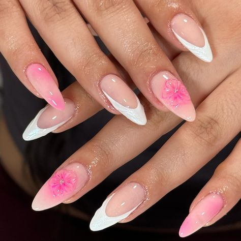 🌺💫🤍 #956nails #rgvnailtech New Nail Designs 2024, Acrylic Nails Ideas, Nails Almond, Nail Inspo Designs, Summer Nails 2024 Hibiscus, Pink Acrylic Nails Coquette, Gel X Nails Coquette, Acrylic Nail Designs Coquette, Almond Nails Pink